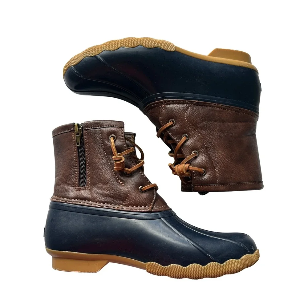 Sperry Girls Saltwater Duck Boots Navy Brown Side Zip YG55203 Size 5M